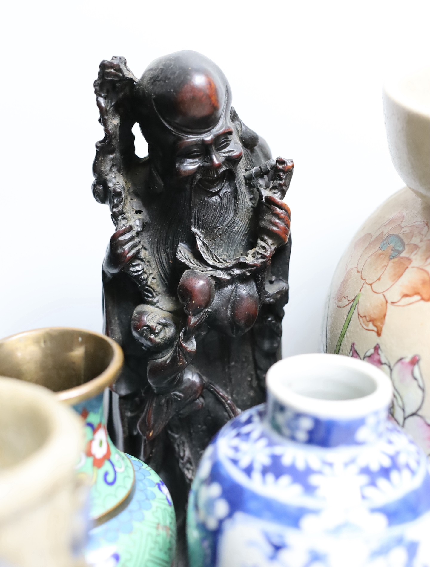 A Chinese blue and white gu vase, a baluster vase, a dish etc.
